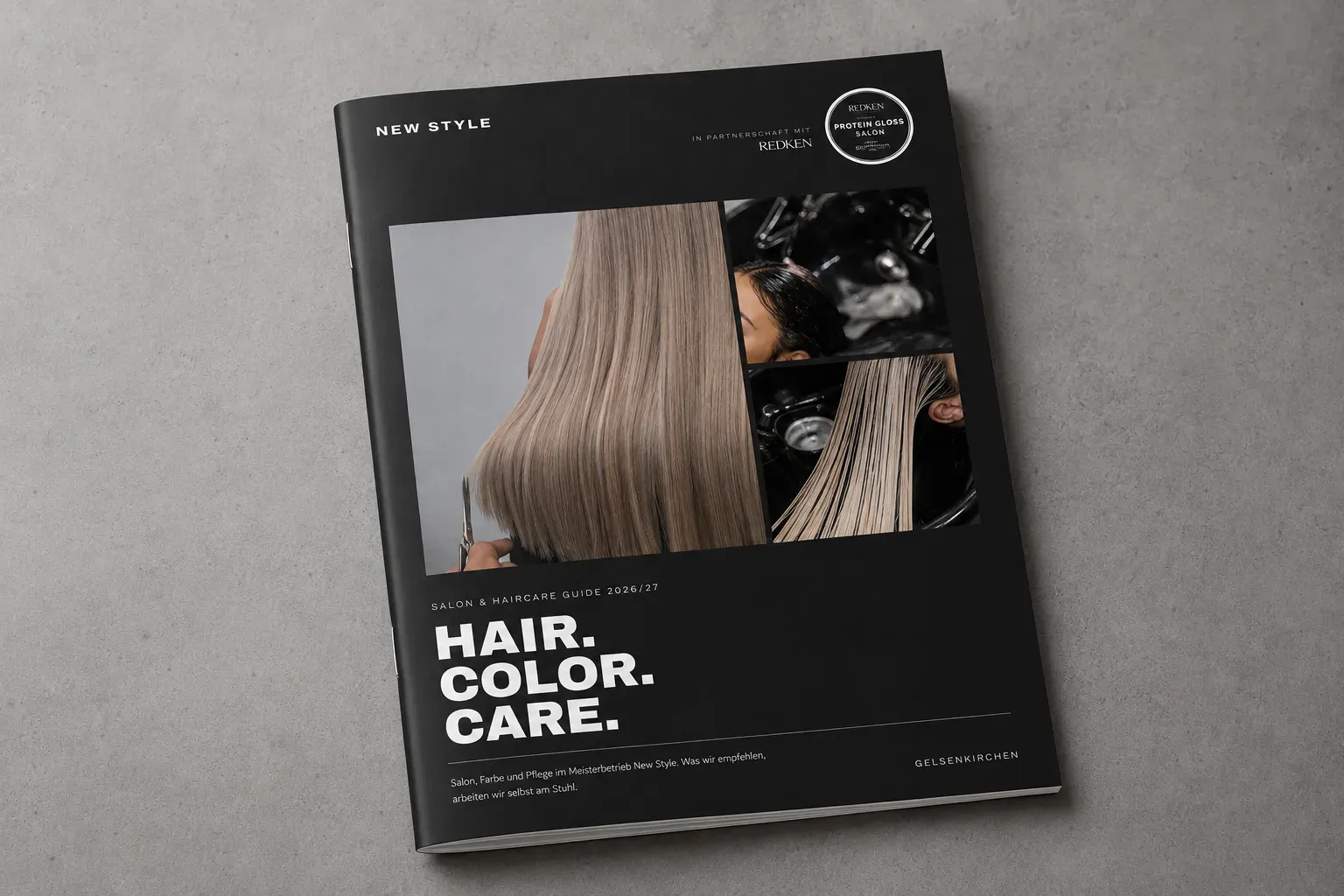 Der gedruckte Salonkatalog „Hair. Color. Care.“ mit dem Titel des Salon & Haircare Guide 2026/27