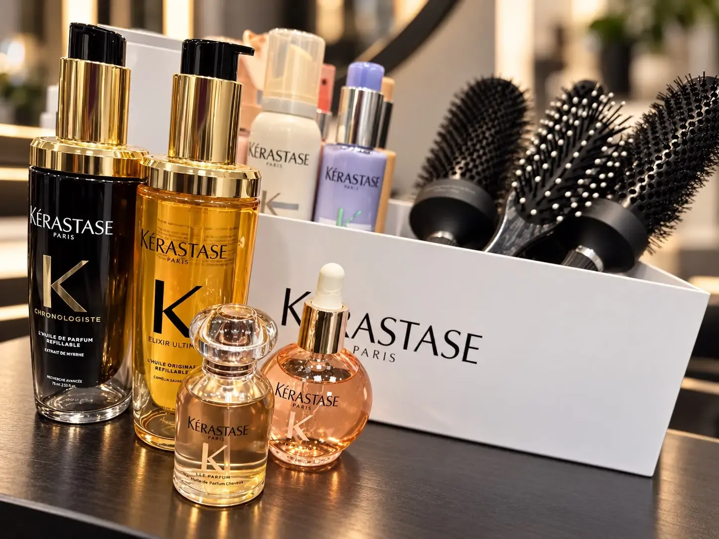 Kérastase Première und Nutritive Salonflaschen am Behandlungsplatz